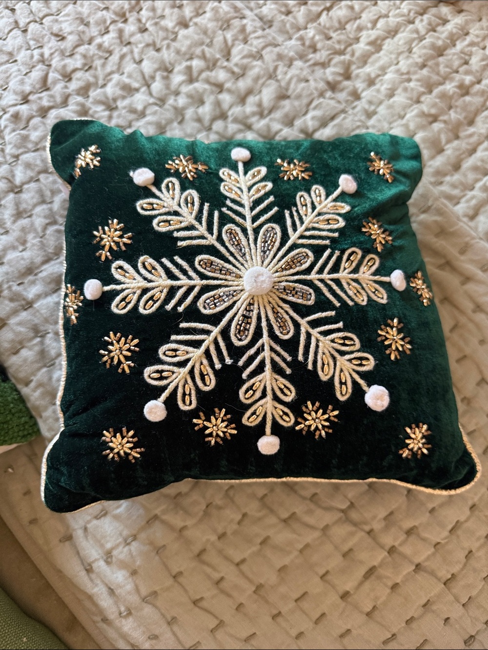 Holiday Green Velvet Snowflake Throw Pillow